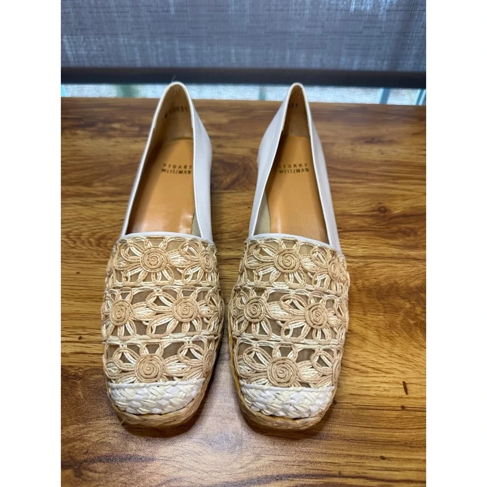 Stuart Weitzman White Leather Floral Crochet Raffia‎ Espadrille Wedges 7.5 NWOT